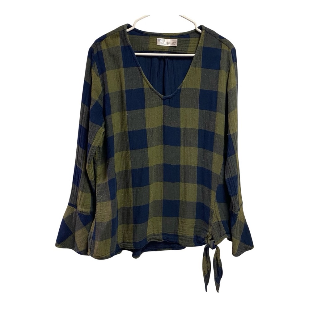 Time and Tru Long Sleeve Top Plaid Navy and Green Cotton Fall Women’s Size L